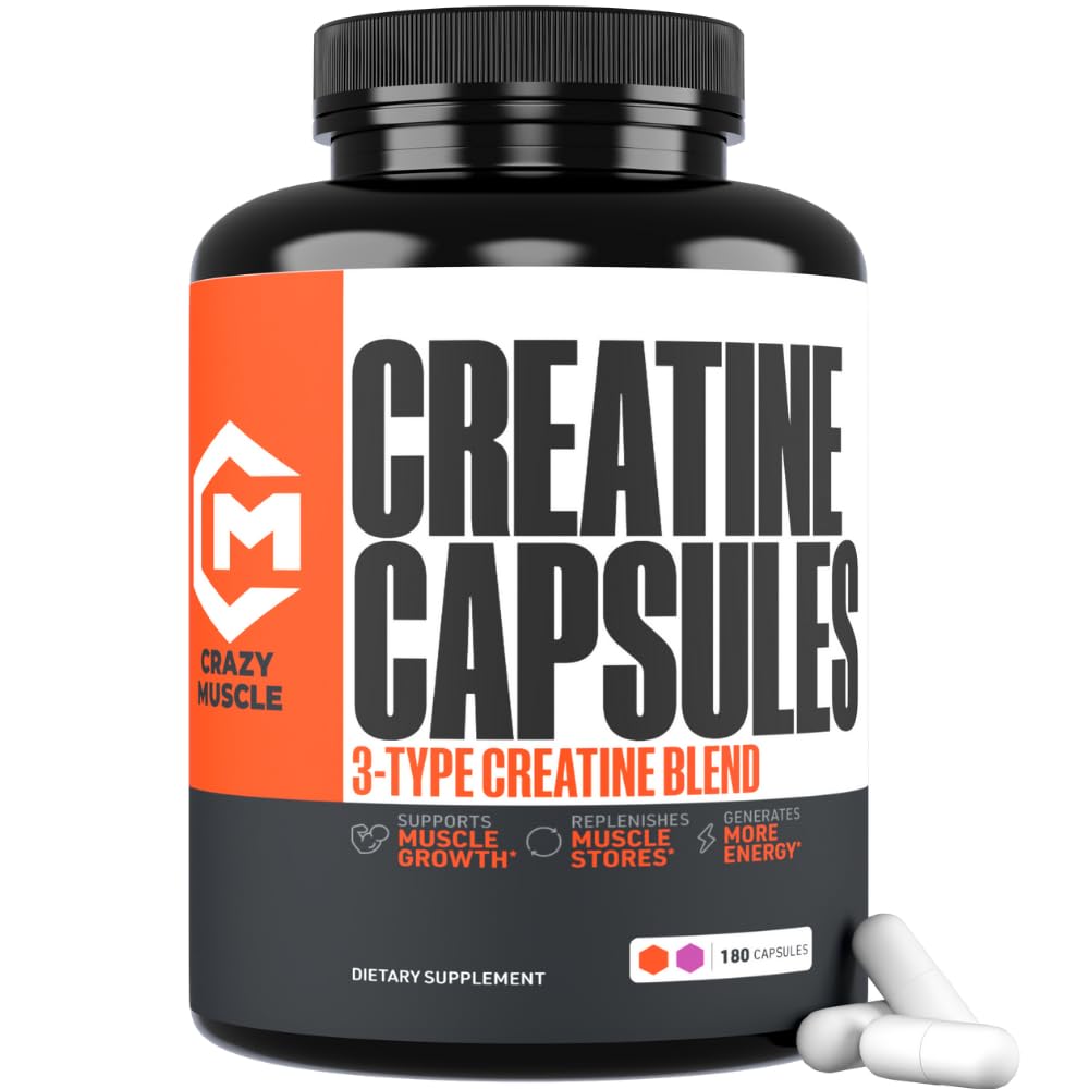 Creatine Capsules, 5g Premium 3X ThreeAtine Pre Workout Bulk Muscle Mass Gainer, Hoge Absorptie Eenvoudig te nemen Creatine Monohydraat Pillen Alternatieve Optimum prestaties voor mannen Vrouwen, 180 Capsules