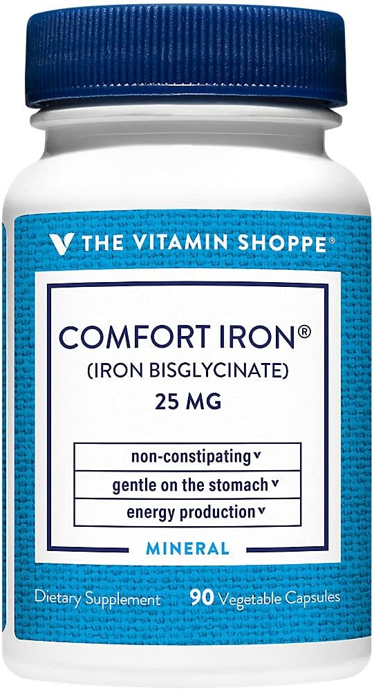 Vitamin Shoppe Comfort Iron 25MG, klinisch bestudeerd Iron Bisglycinaat, Energy Production & Immune Support, Gentle & Non-Constipating Supplement (90 Veggie Capsules)