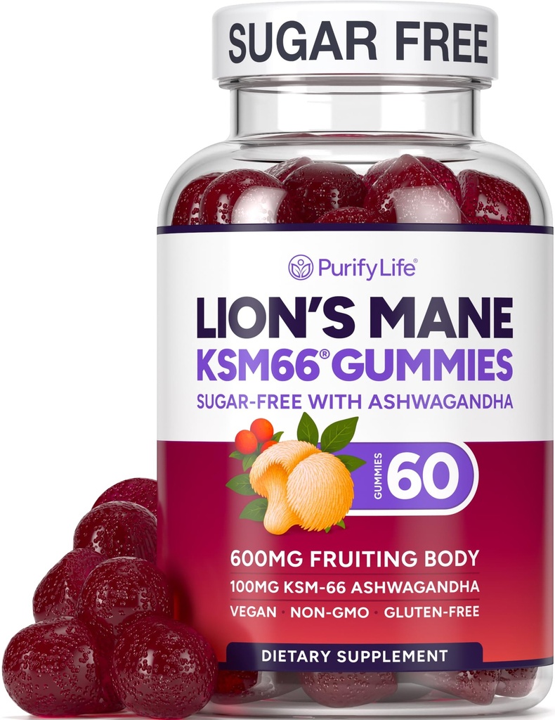 Suikervrije Leeuwen Mane supplement Gummies met KSM-66 Ashwagandha - Nootropic Supplement voor cognitie, hersenen mist, geestelijke helderheid, focus en stress ondersteuning - natuurlijke Berry Flavor, Vegan, Made in USA