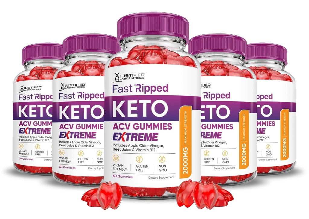 Justified Laboratories (5 Pack Fast Ripped Keto ACV Gummies Extreme 2000MG Fast Ripped Keto Gummies Apple Cider Vinegar Geformuleerd met Granaatappel Beet Juice Powder B12 Vegan Non GMO 300 Gummys
