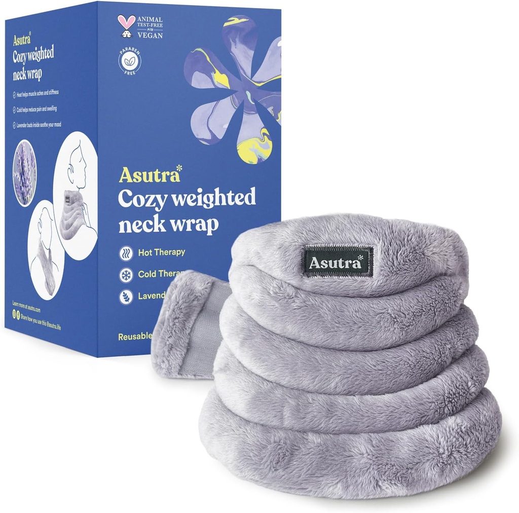 ASUTRA Gewogen Neck Wrap, Plush Gray - Hands-vrije magnetron verwarmbare pad voor nek en schouders, warme en koude kompres, Lavender Aromatherapie