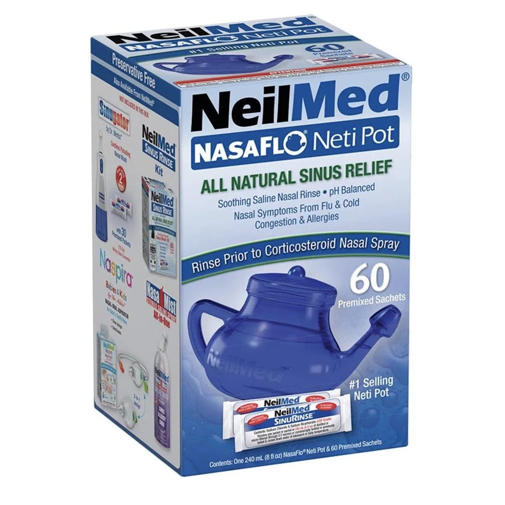 NeilMed NasaFlo Onbreekbare Neti Pot met 60 Premixed Packets
