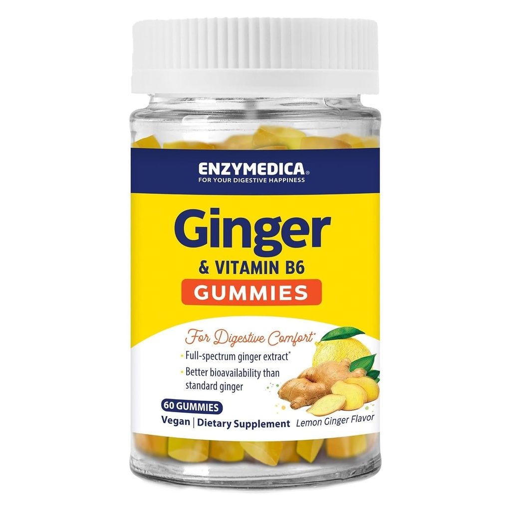 Enzymedica, Gember & vitamine B6 Gummies, Ondersteuning voor Occasional Misselijkheid & Indigestie, Hoge Potentie, equivalent aan 200 mg Gemberextract, 60 Tel.