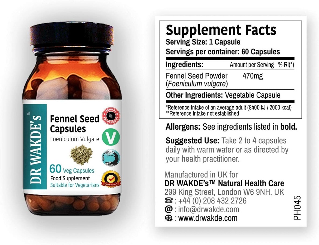 DR WAKDE'S Fennel Seed Capsules (60 Veg Caps, Plant Based Supplement, Ayurvedic Herb, All Natural, Vegan)