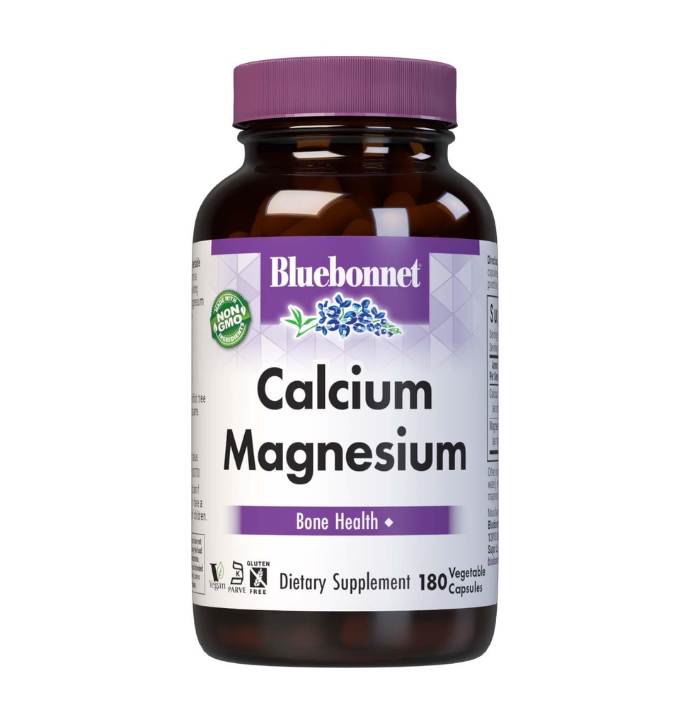 Bluebonnet Nutrition Calcium & Magnesium, Bone Health*, Soy-Free, Gluten-Free, Non-GMO, Vegan, Kosher Parve, 180 Vegetable Capsules, 60 Servings
