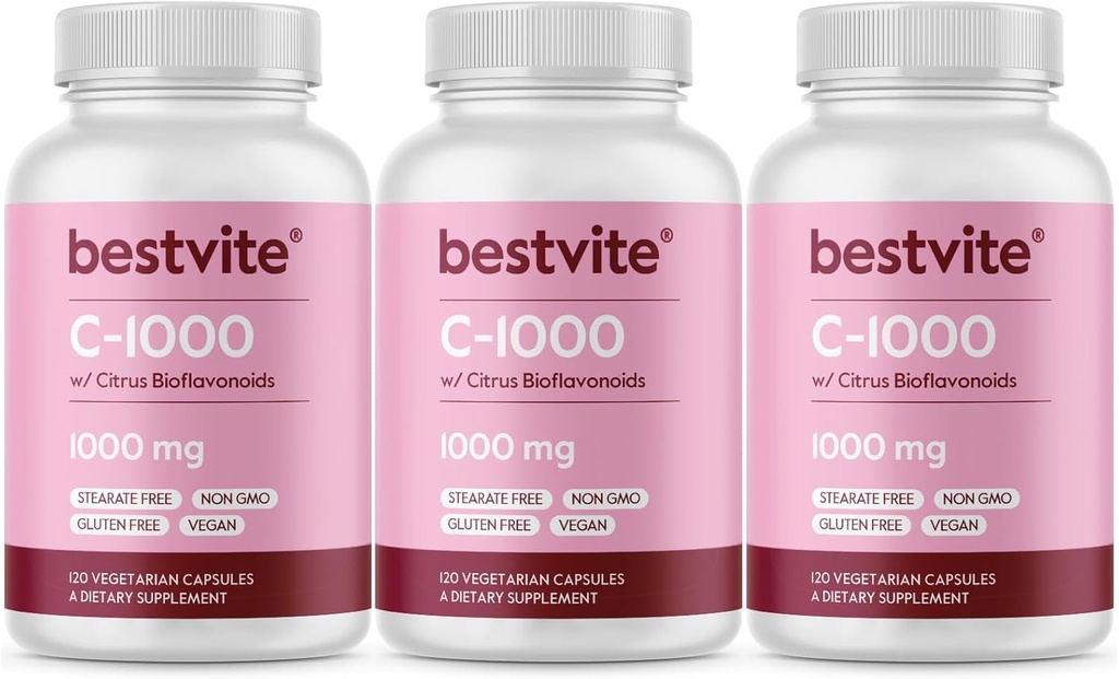 BESTVITE Vitamin C 1000mg (360 Vegetarian Capsules) (120 x 3) with Citrus Bioflavinoids - No Stearates - Vegan - Non GMO - Gluten Free
