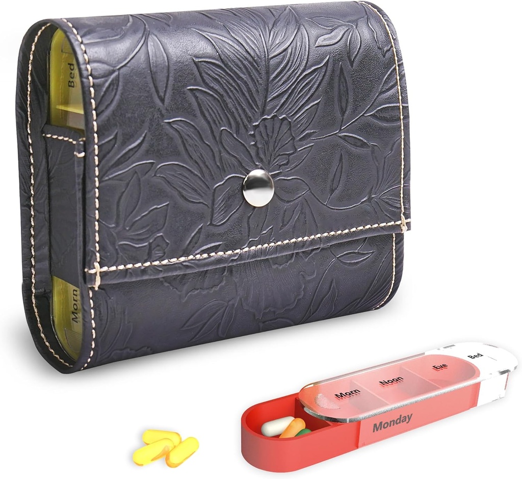 Pill Organizer,LIZIMANDU Weekly Travel Pill Case Box Medicatie Herinnering Dagelijks AM PM, Dag Nacht 7 Compartments,voor 4 Times A Day, 7 Days a Week-Includes Leren PU Carrying Case(1-Carved Black)