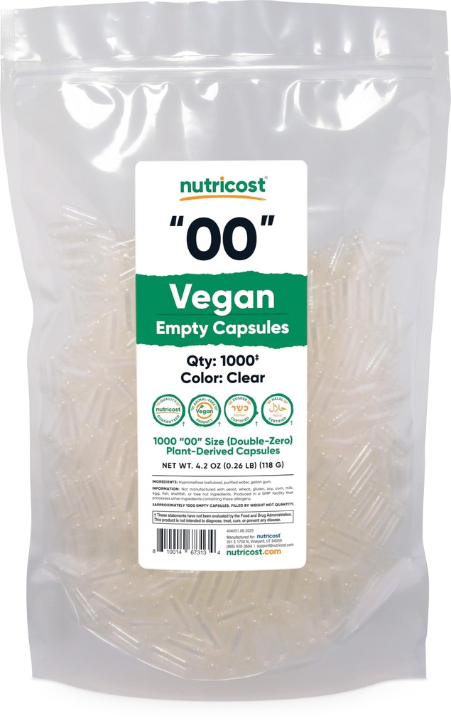 Nutricost Lege Capsules Formaat 00 Vegan - 1.000 Heldere Lege Plant-Based Capsules - Kosher Gecertificeerd, Halal Gecertificeerd, Niet GGM, Sojavrij, Glutenvrij, Vegetarisch
