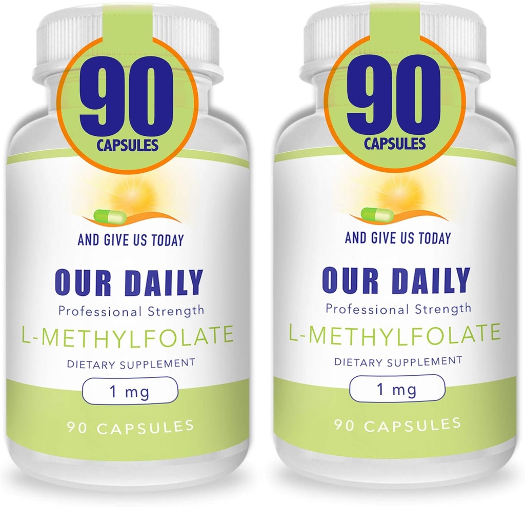 Our Daily Vites L-Methylfolate 1mg / 1000 mcg Maximum Strength Active Folate, 5-MTHF, Filler Free, Gluten Free, Non-GMO, Vegetarian Capsules 90 Count (Pack of 2)