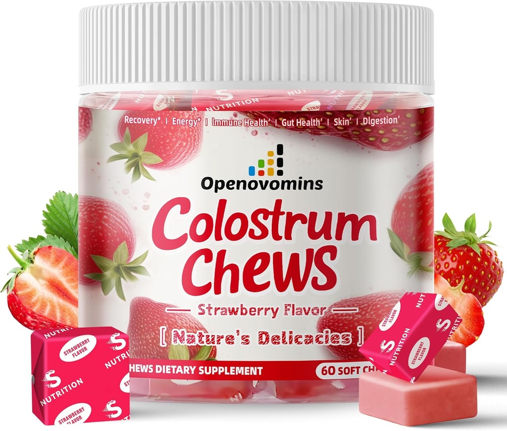 Runder Colostrum Zachte Kauwen Supplement met probiotica voor Gut Health, Bloating, Immune Support, Huid, Haargroei en Schoonheid - Aardbei Smaak (60 Servers)