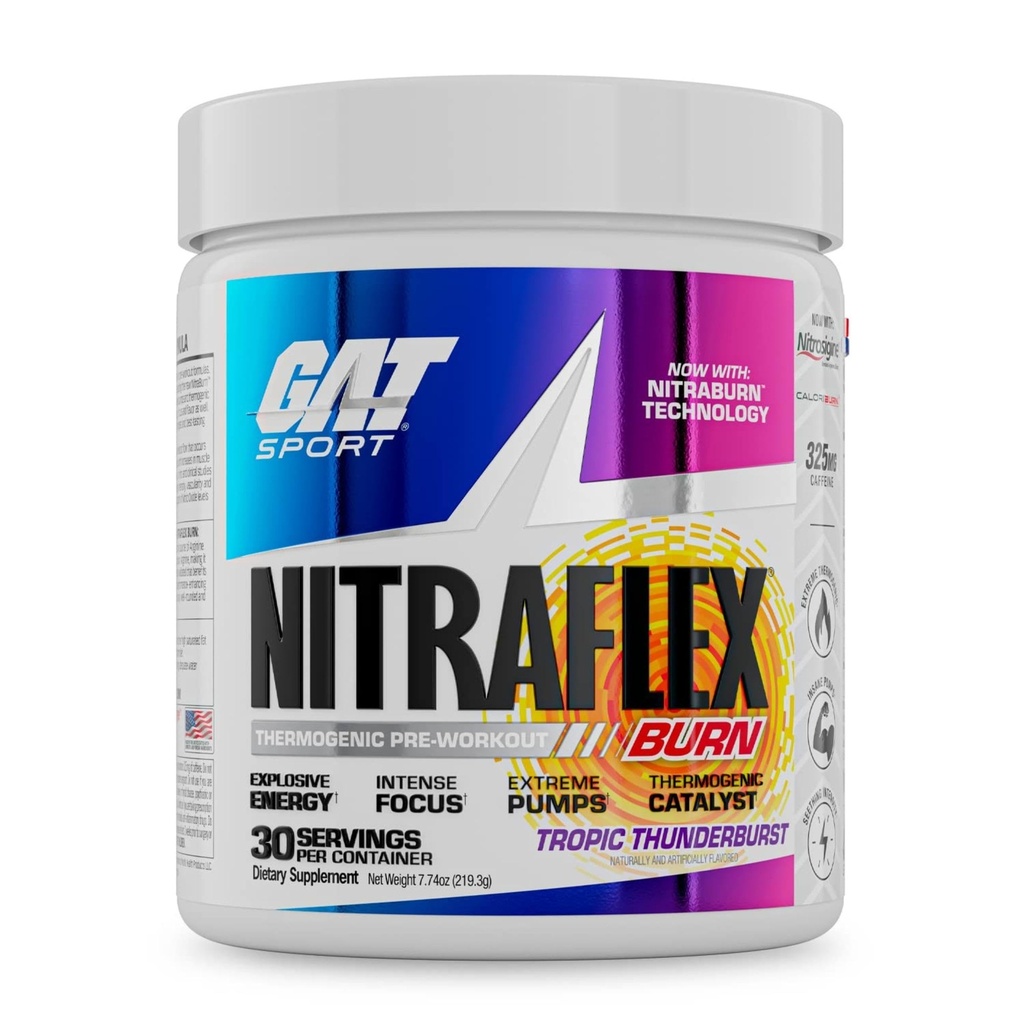 GAT SPORT NITRAFLEX Burn, Pre Workout Thermogenic Powder, Tropic Thunderburst, 30 porties