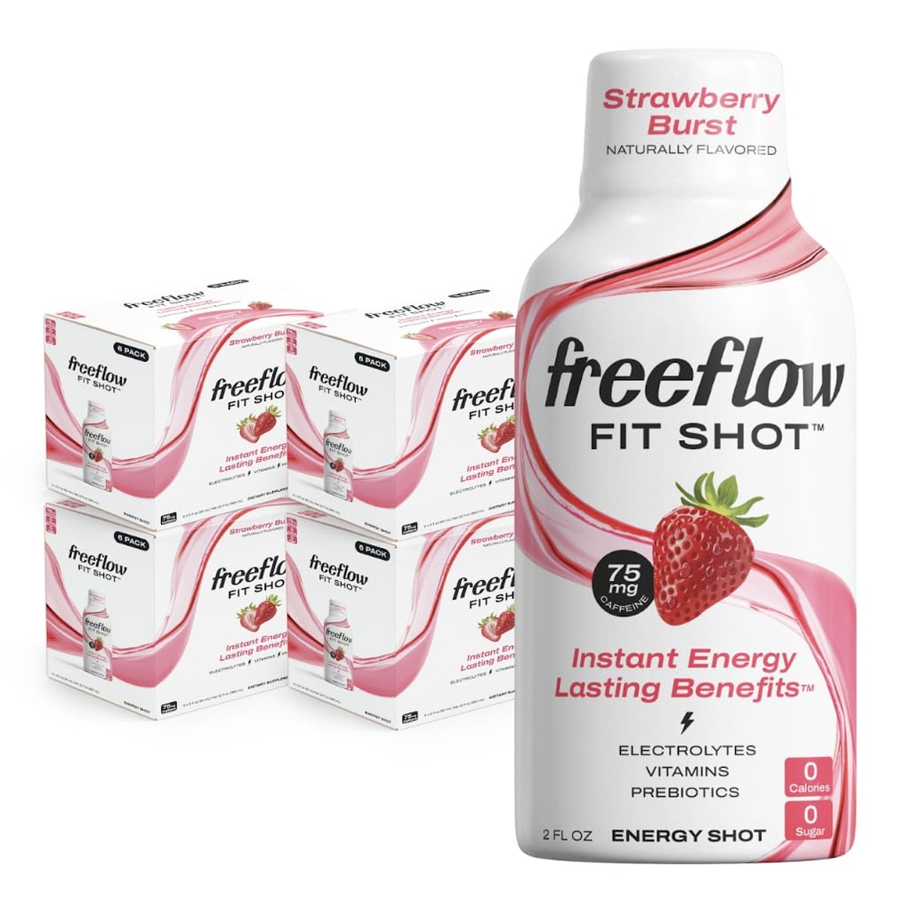 Freeflow Fit Energy Shots, Aardbei Burst, Natuurlijke Cafeïne Boost met L-theanine, Ginseng, Vitaminen, Prebiotica, Elektrolyten (24 Telling, 2oz Shots)
