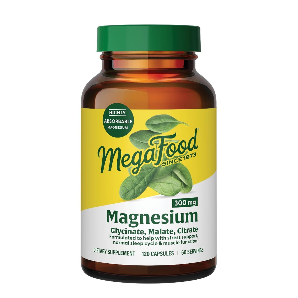 Megafood Magnesium 300 Mg - Zeer absorbeerbare Blend van Magnesium Glycinate, Citrate & Malate om te helpen bij het ondersteunen van hart, zenuwgezondheid en ontspannen - 120 capsules (60 porties)