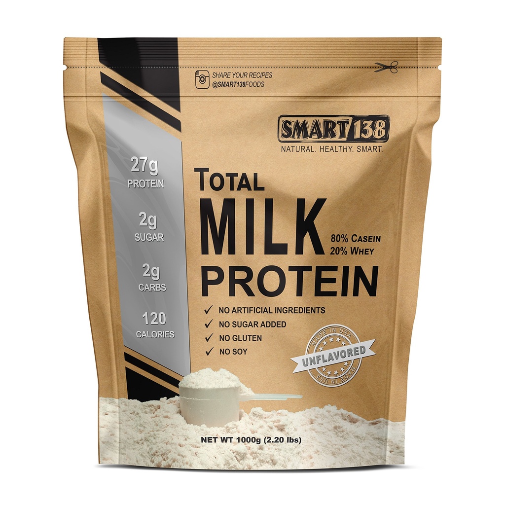 Smart138 Totaal melkeiwit - 80% Caseïne 20% Wei - RBST/rBGH Hormone Free, Glutenvrij, Soy-Free, Non-GMO, VS, Keto Low Carb, Natural BCAA's (1000g / 2,2lbs, Unflavored)