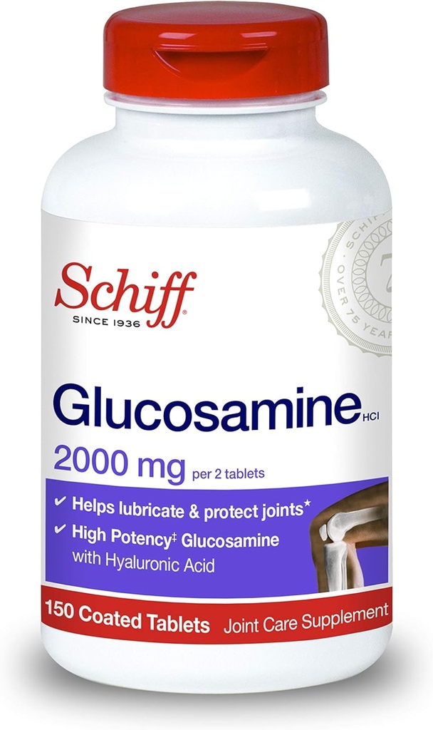Schiff Glucosamine 2000mg (per portie) + Hyaluronzuurtabletten (150 tellen in een fles), Joint Care Supplement dat helpt bij de ondersteuning van gezamenlijke mobiliteit en flexibiliteit, ondersteunt de structuur van cartilage