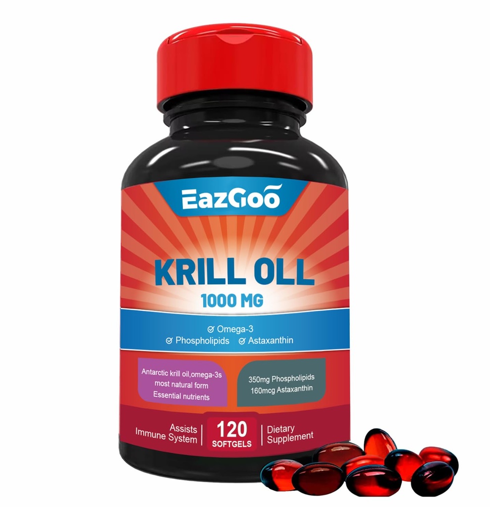 Antarctica Krill Oil 1000mg, Omega 3 Supplement,EPA, DHA, Fosfolipiden en Astaxanthine- 120 Softgels