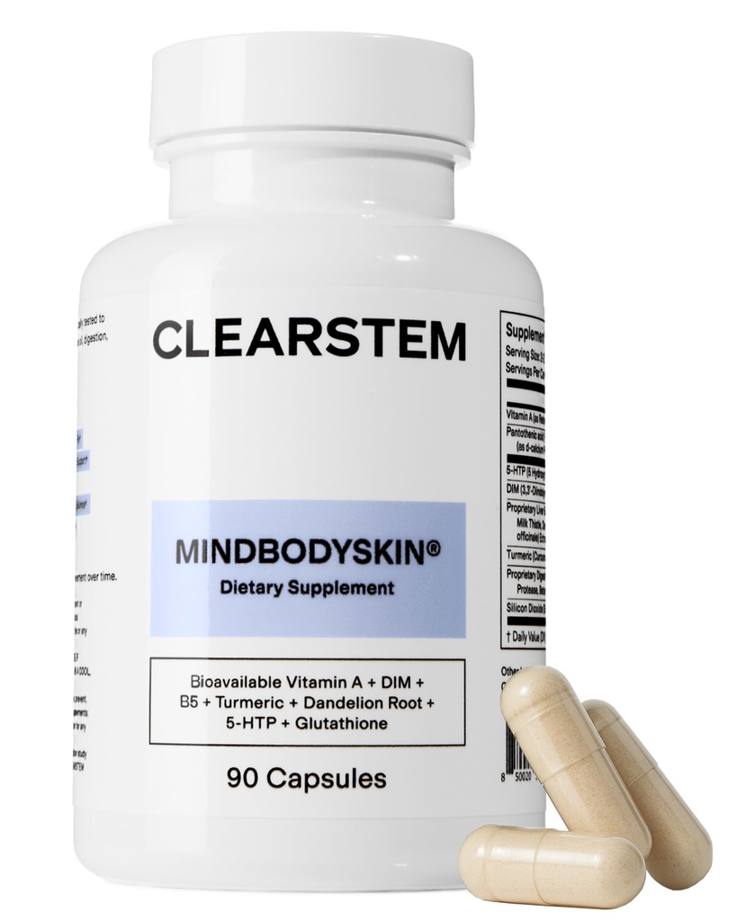CLEARSTEM - MINDBODYSKIN Hormonale Acne Supplement (5-HTP) - Natuurlijke DIM supplement - Huidverzorging Vitaminen - Hormone Balance, Antioxidanten - Glutenvrij, Wreed Vrij - 30 porties, 90 Capsules