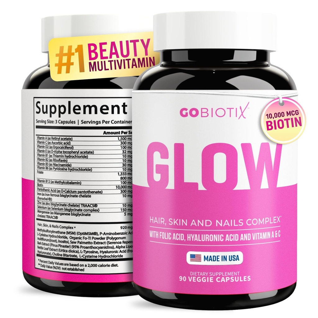 GOBIOTIX Hair Skin and Nails Vitamin Supplement - 10000mcg Biotine Pillen met Hyaluronzuur, Folaat, IJzer, Magnesium en Zink - Collageen productie, haargroei - 30 porties