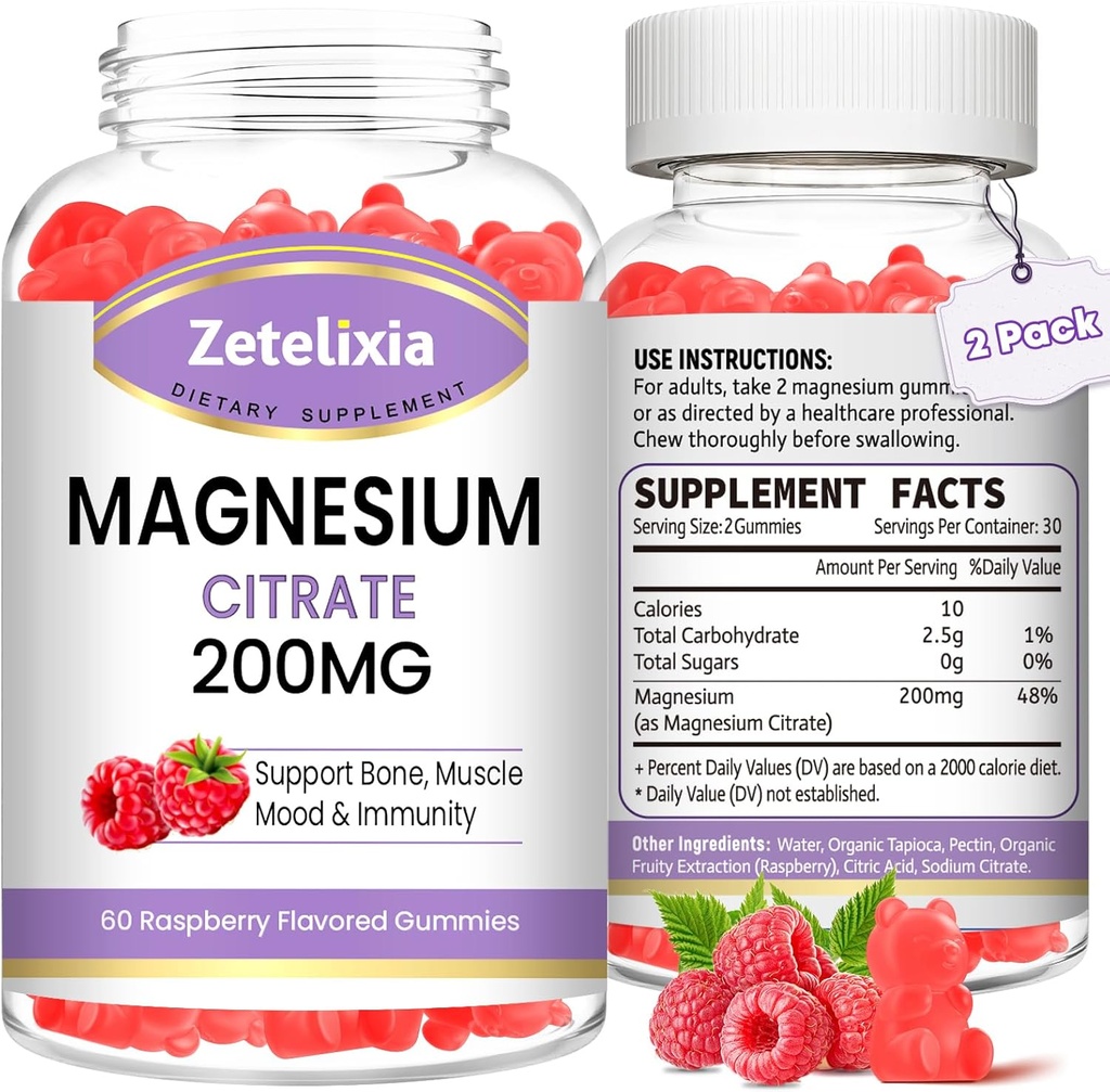 2 Pack Magnesium Citrate Gummies, Hoge Absorptie Magnesium Gummies voor Volwassenen, Spier & Tanden Ondersteuning, Vegan natuurlijke Raspberry Flavor 120 Cts