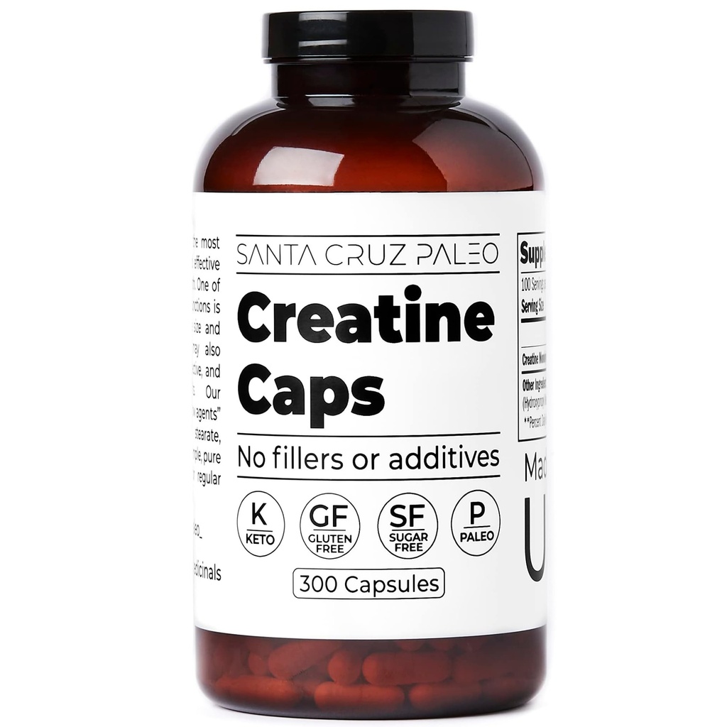 Santa Cruz Paleo Creatine Capsules, Ondersteunt Spiergroei & energie, Glutenvrij, Keto, Suikervrij, Paleo, Geen Fillers of Additieven, Creatine Monohydraat pillen, 2500 mg, 100 porties, 300 capsules