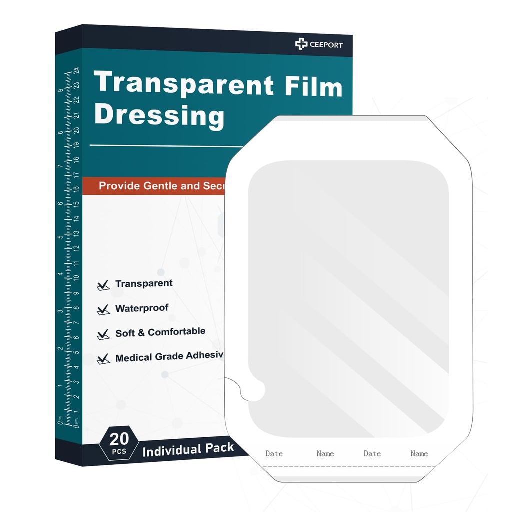 Ceeport Transparent Film Dressing 6'' x 8'', 20 Packs Waterproof Wound Bandage Adhesive Patches, Wound Cover Patches for Post Surgical Shower, IV Shield, Tattoo Aftercare Bandage
