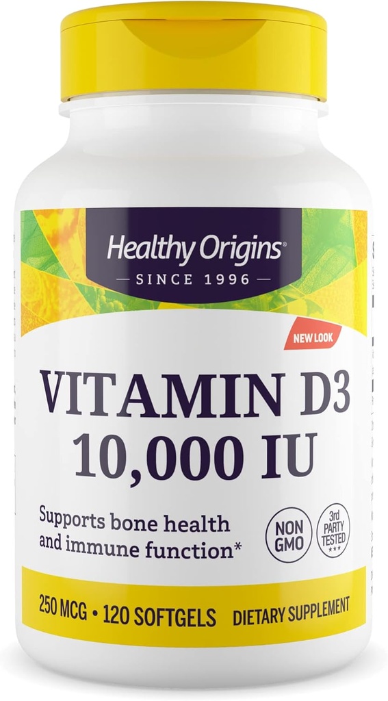 Gezonde oorsprong Vitamine D3 10.000 IE (Non-GMO, Hoge Potentie, Botondersteuning, Immuunondersteuning, Glutenvrij), 120 Softgels