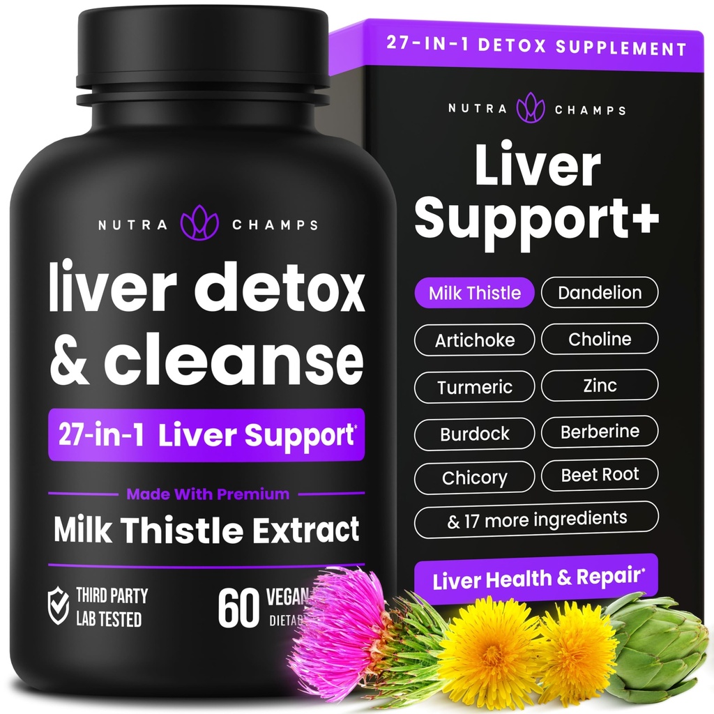 NutraChamps Lever Reiniging Detox & Repair Formula, 20+ Kruiden: Milk Thistle Extract met Silymarin, Artichoke, Dandelion, Chicory Root Powder, Lever Ondersteuning Pillen Supplement, 60 Capsules