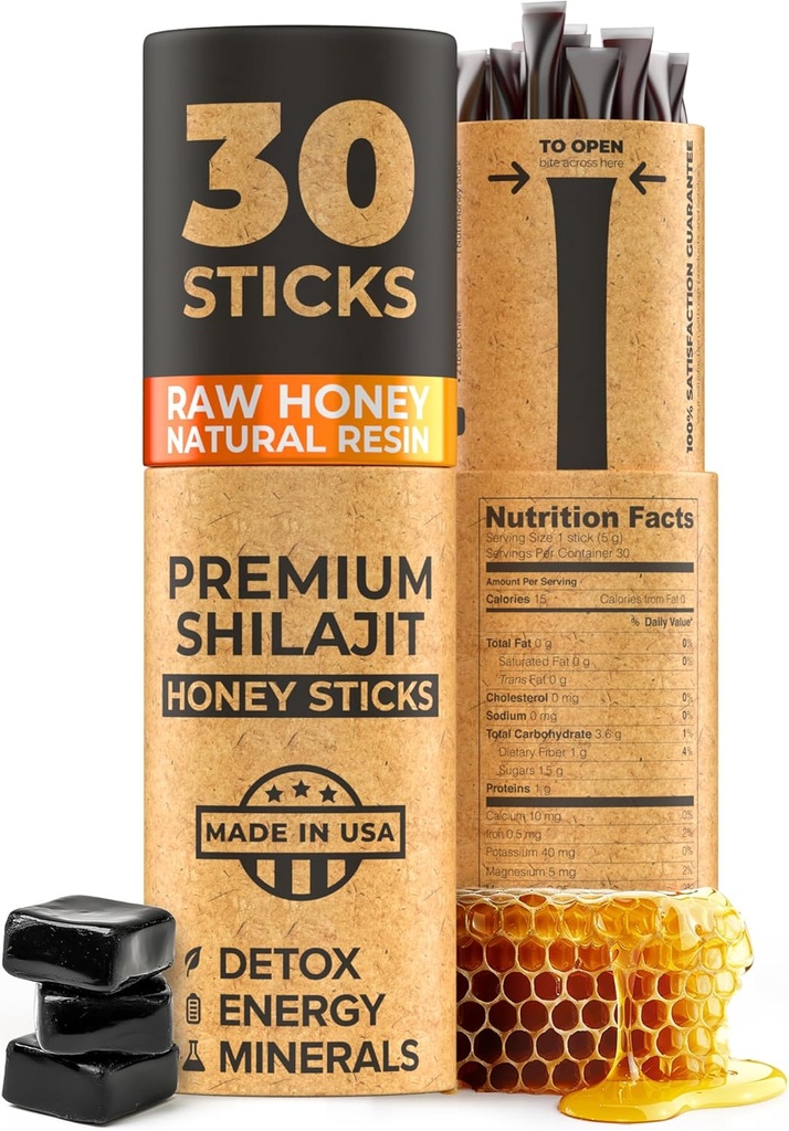 NATUURLIJKE SHILAJIT Honing Sticks - Shilajit Hars met ruwe honing, fulvinezuur en sporenmineralen, plantaardige voedingsstoffen voor energie, Immuun Ondersteuning & vitaliteit - 30 Shilajit Sticks