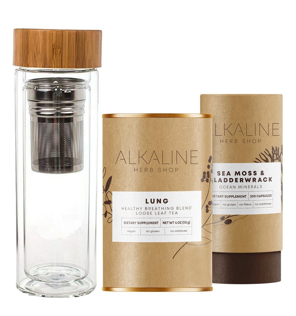 Alkaline Herb Shop Gezonde Lung Bundle - Sea Moss & Bladderwrack Supplement, Lung Tea Supplement (Happy Lung Thee) en Dubbelwandig glas Drink Roestvrij staal Thee Infuser Waterfles Bamboe 17 oz