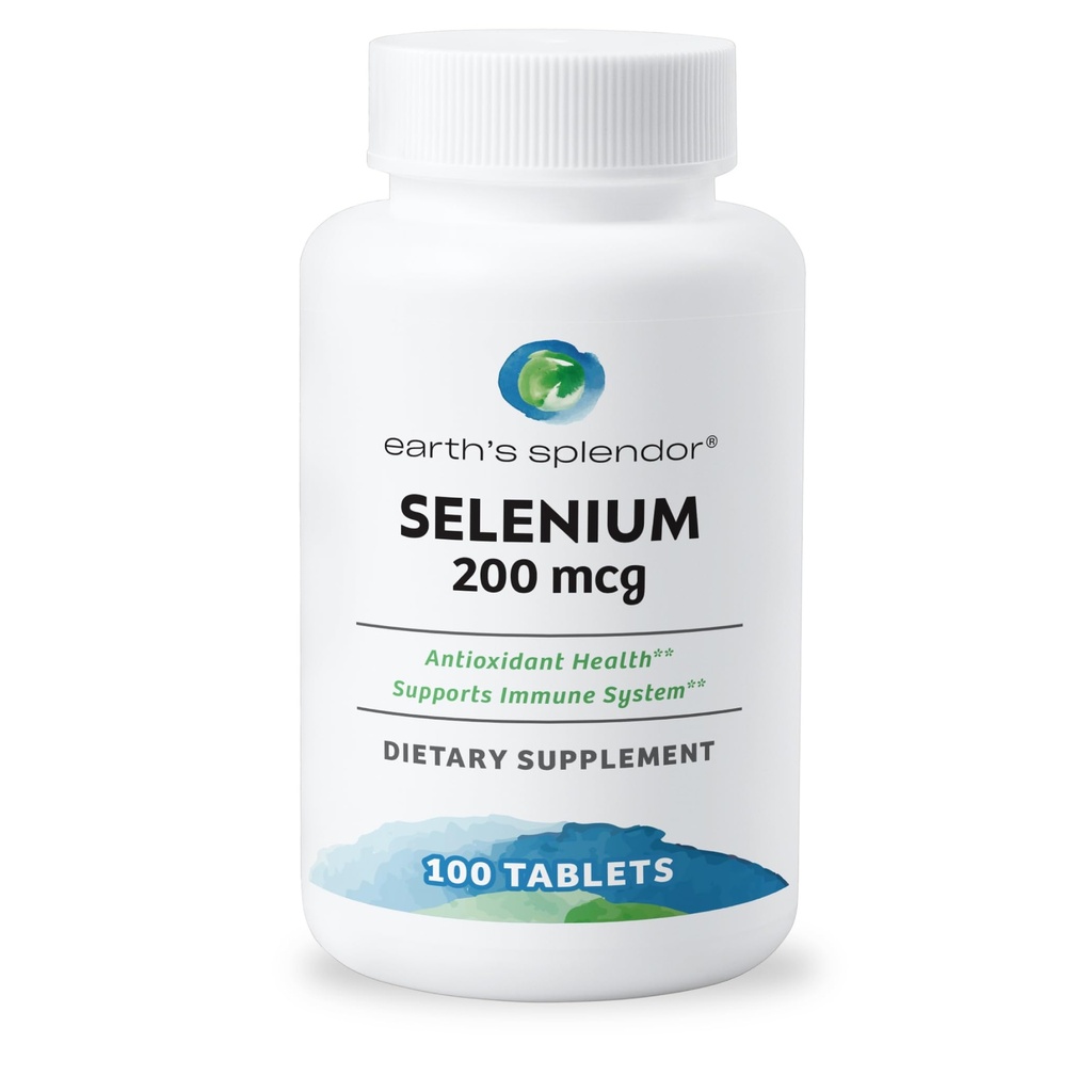Earth's Splendor Selenium 200 mcg Supplement voor mannen & vrouwen, Ondersteuning Antioxidant Health and Immuun System (100 tabletten, 3+ maand aanbod)