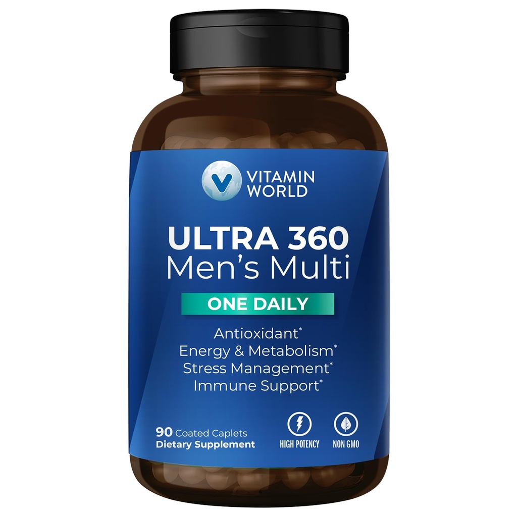 Vitamine Wereld Ultra 360 Multivitamine voor mannen Een Dagelijkse, Mannen Multivitamine met Mineralen, Kruiden & Antioxidanten, Dagelijkse Supplement met Vitamine A, C, D, E & Zink voor Energie & Immuun Ondersteuning, 90 Capletten