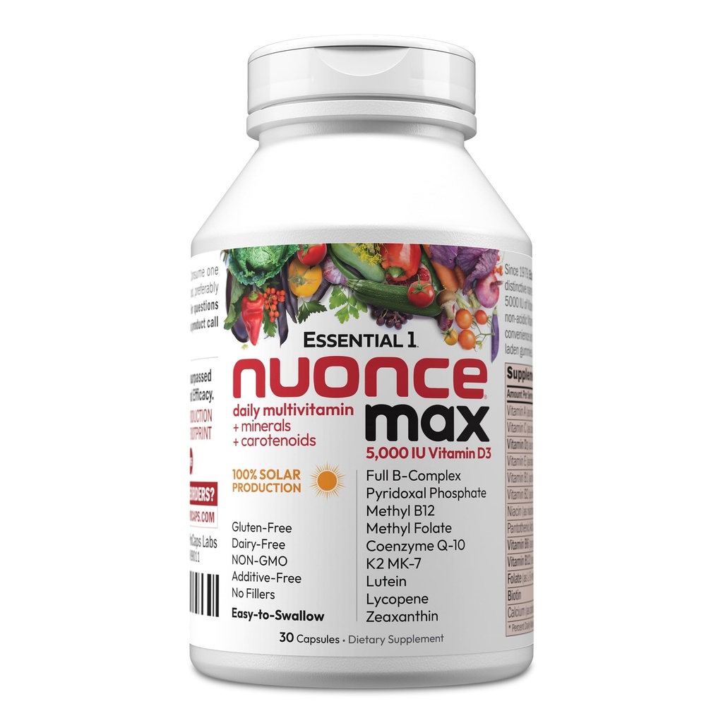 ANDREW LESSMAN Essential-1 nuonce max Multivitamine 5000 IE Vitamine D3 30 Kleine Capsules. 100 mcg Methyl B12. CoQ10 Luteïne Lycopeen Zeaxanthine. Hoge Potentie. Geen additieven. Ultra-Mild One Dagelijkse Capsule
