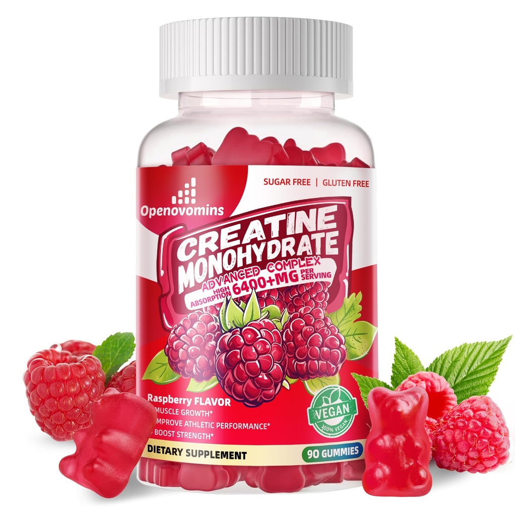 Creatine Monohydraat Gummies Complex 6400 mg voor mannen en vrouwen - Geavanceerde formule W/L-Taurine + Vitamine B12, Suikervrije Kauwbare Supplement,90 Raspberry Gummies