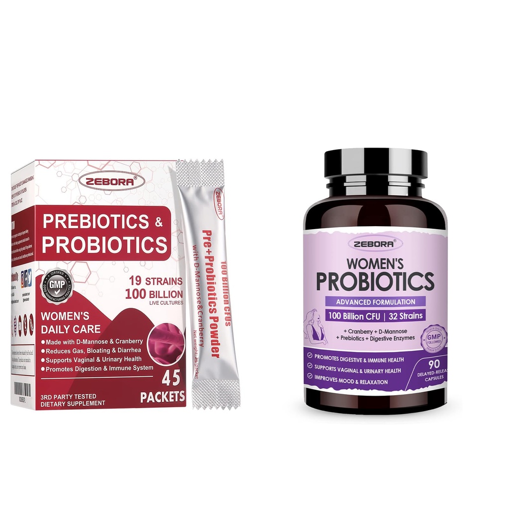 ZEBORA Probiotica-voor-Vrouwen 100 miljard-CFU's met Prebiotica, D-Mannose & Cranberry voor Digestieve, Immune, Vrouwelijke UT Health Support, Ultimate Probiotic Women's Care, Soy & Gluten Free, 45 Packets