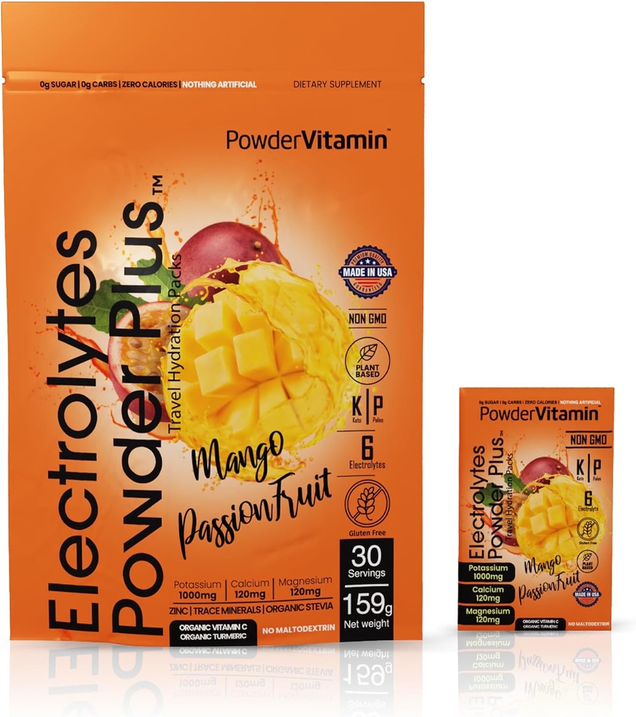 PoederVitamine Elektrolyten Poeder Plus, Keto, Mango Passievruchten, Suikervrij, 1000mg Kalium, 120mg Calcium, 120mg Magnesium, Non-GMO, Zero Calories, 30 Hydration Packets