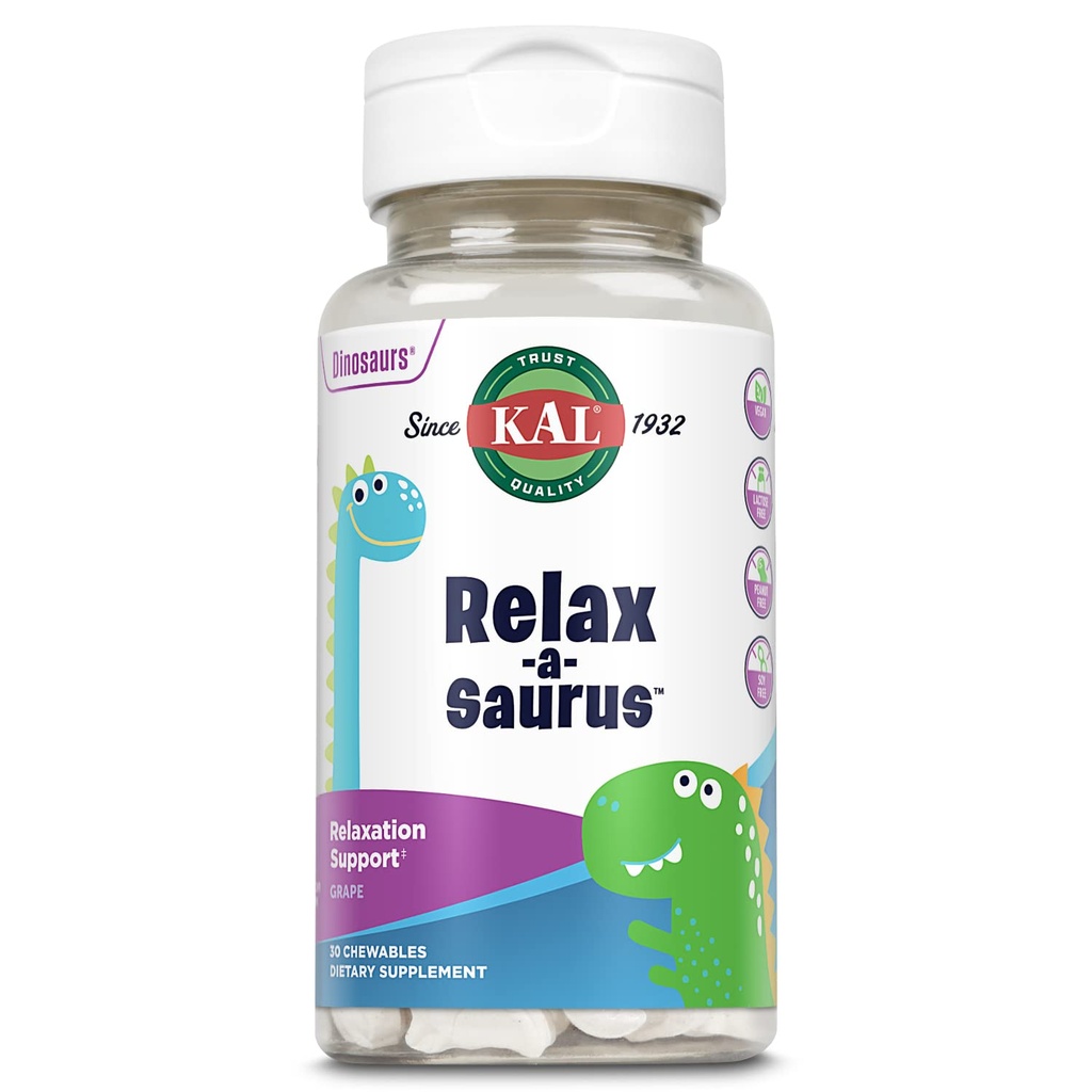 KAL Relax-a-Saurus, Stress Support Supplement voor kinderen, L-Theanine voor kinderen met Herbal Stress Relief & Relaxation & Blend, Delicious Natural Grape Flavor, 60 dagen garantie, 30 Kauwtabletten