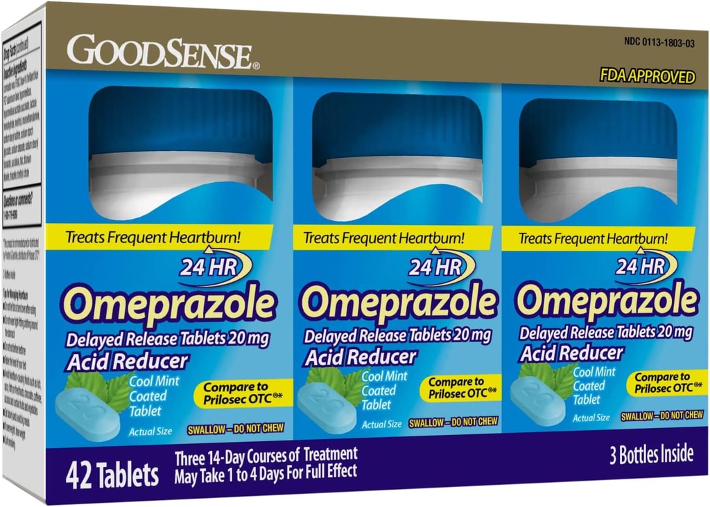 GoodSense Omeprazol Vertraagde Release Gecoated Tablets 20 mg, Cool Mint, Treats Frequent Heartburn, Acid Reducer, Heartburn Medicine, 42 Tellen