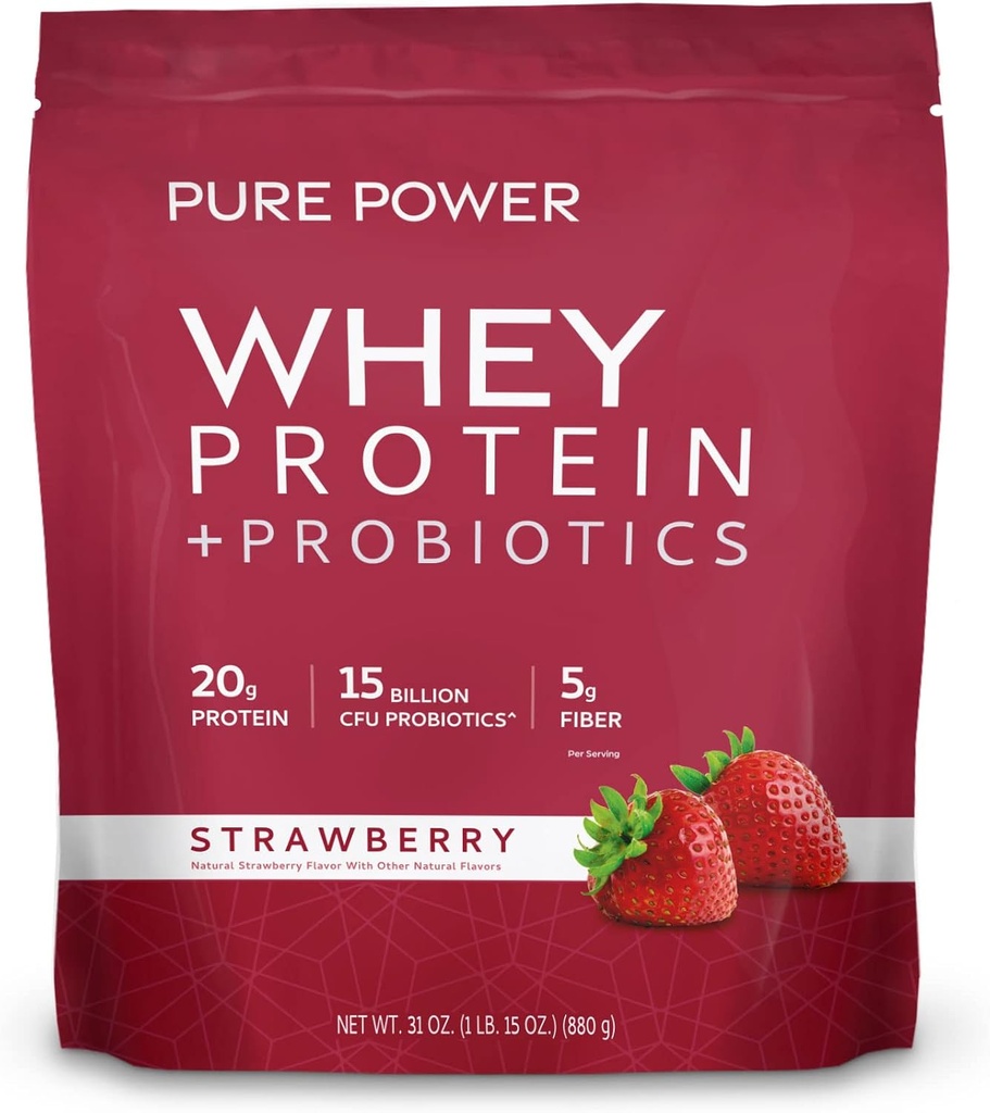 Dr. Mercola Pure Power Wei Proteïne + Probiotica - Ondersteunt Muscle Recovery & Dispensive Health - Pasture-Raised Whey - MCTs & Fiber - Vanille - 31 oz (22 porties) - Aardbei