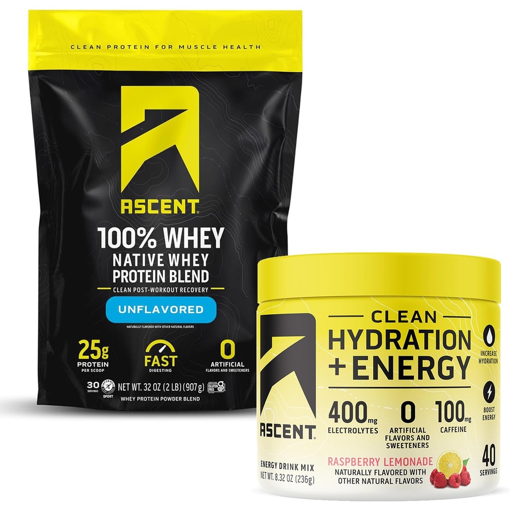 Oplopend 100% Wei Proteïne Poeder, Unflavored 2 lb & Hydration + Energy Electrolytes, Raspberry Lemonade 40 Servers