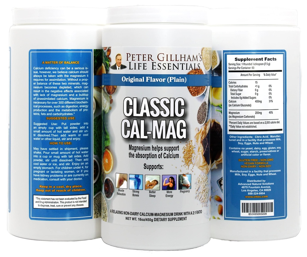 Peter Gillham's Cal-Mag, Hoge Absorptie 2:1 Calcium en Magnesium Citroenpoeder; Ondersteunt een gezonde respons op stress, spier- en botgezondheid, Verminder Krampen, Ongearomatiseerde 16 oz