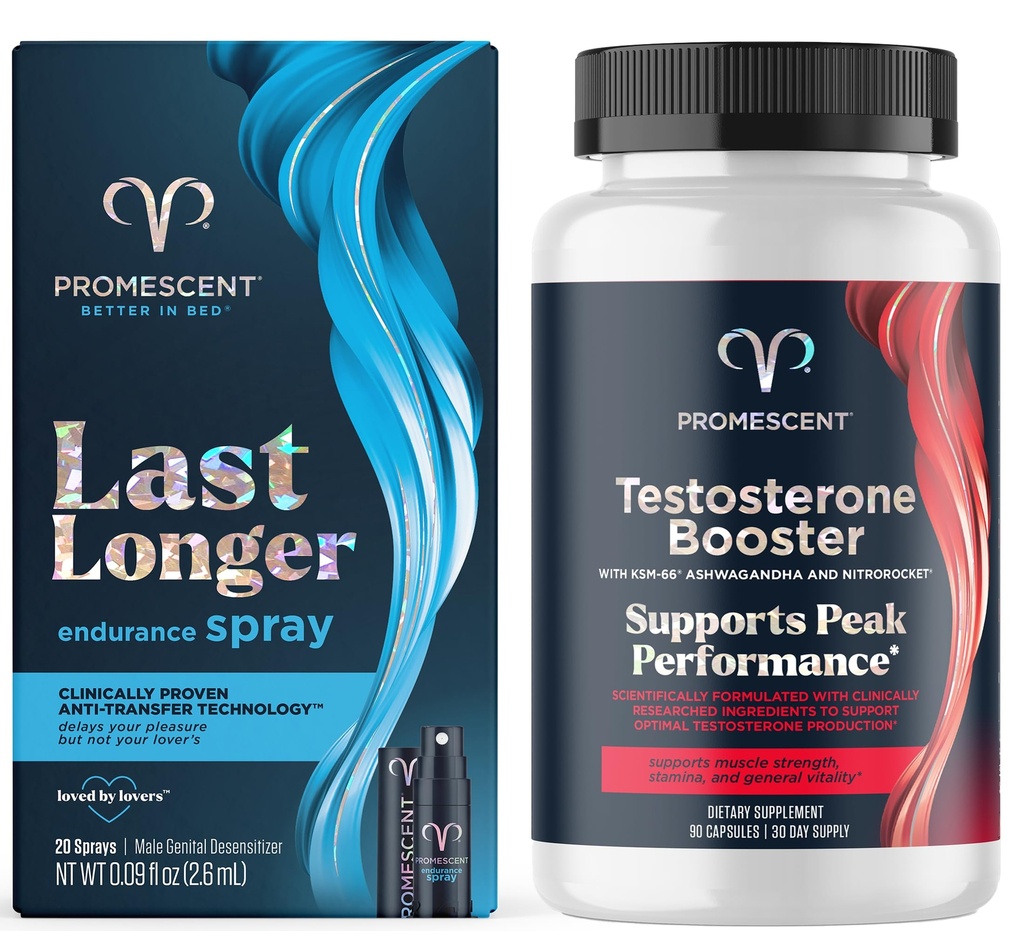 Promescent Delay Spray voor Hem (2,6 ml) + Testosteron Booster voor Mannen Supplement met Tongkat Ali (LongJack), KSM-66 Ashwagandha, Horny Goat Weed