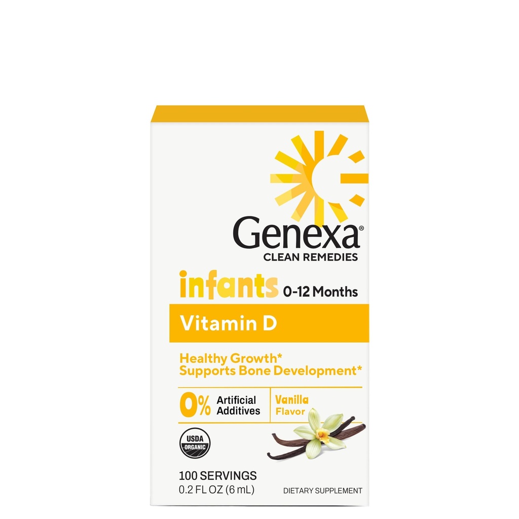 Genexa Pasgeborenen Vitamine D Vloeistofdruppels voor pasgeborenen, baby's en peuters Ondersteunt groei en botontwikkeling Heerlijke biologische Vanille Smaak Gecertificeerd Organisch, Glutenvrij, & Non-GMO 90 Servers