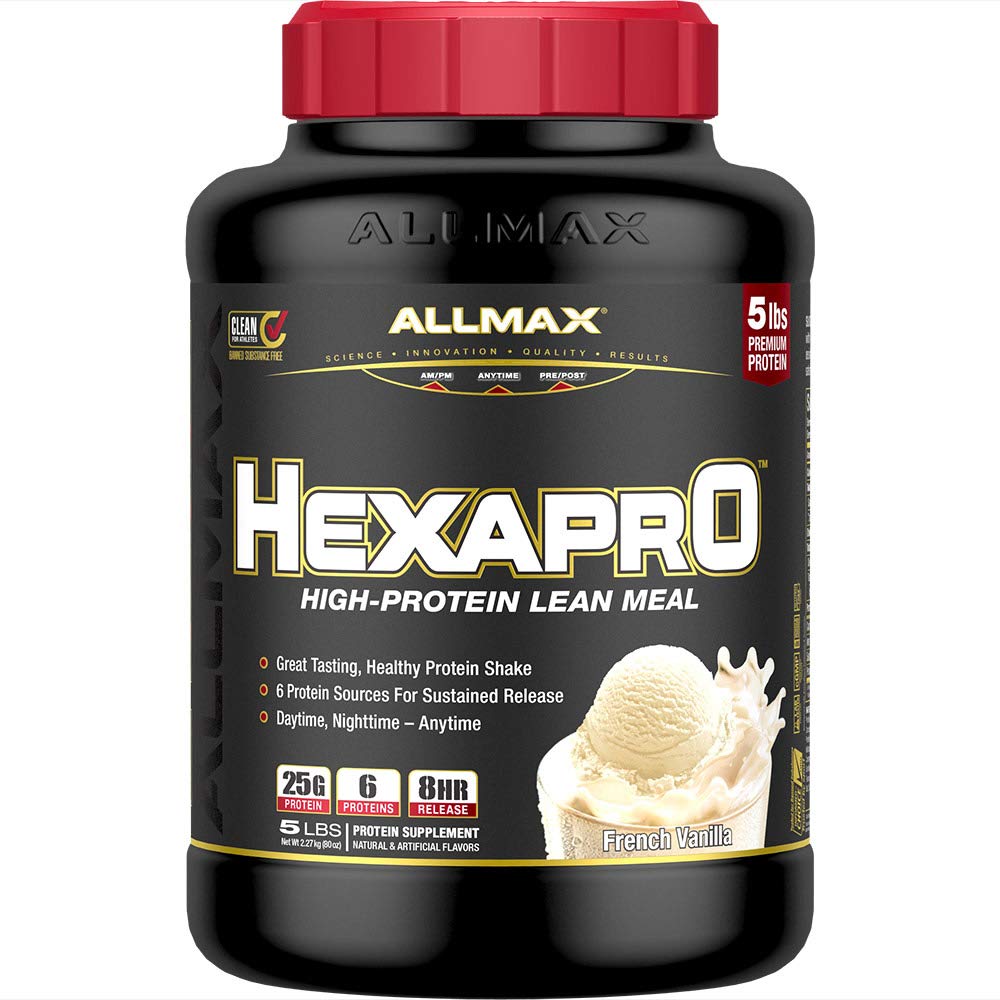 ALLMAX Nutrition HEXAPRO, Franse Vanille - 5 lb - 25 gram eiwit per portie - 8-uurs Sustained Release - Zero Sugar - 52 porties