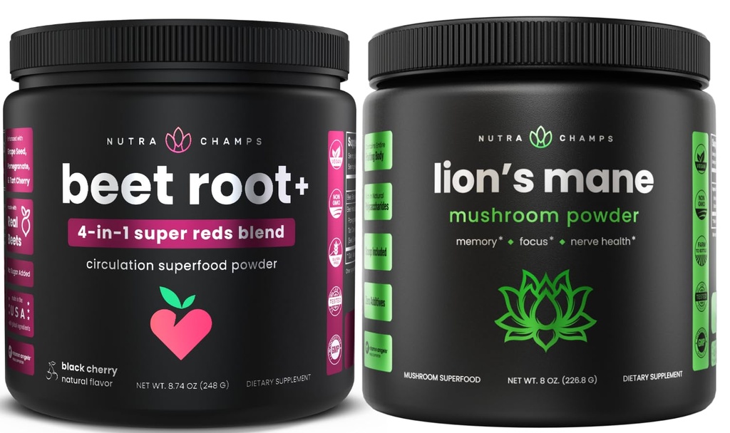NutraChamps Beetwortelpoeder & Lion's Mane Powder. Krachtige Circulatie & Adaptogen Blends