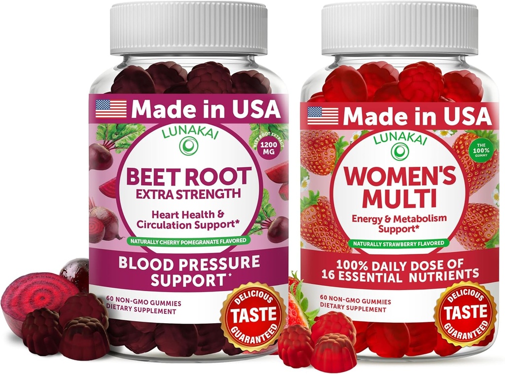 Lunakai Beetwortel en Vrouwen Multivitamine Gummies Bundel 100% Dagelijkse Waarde van 16 Essentiële Vitaminen en Mineralen (Vitaminen A,B,C,D,E)