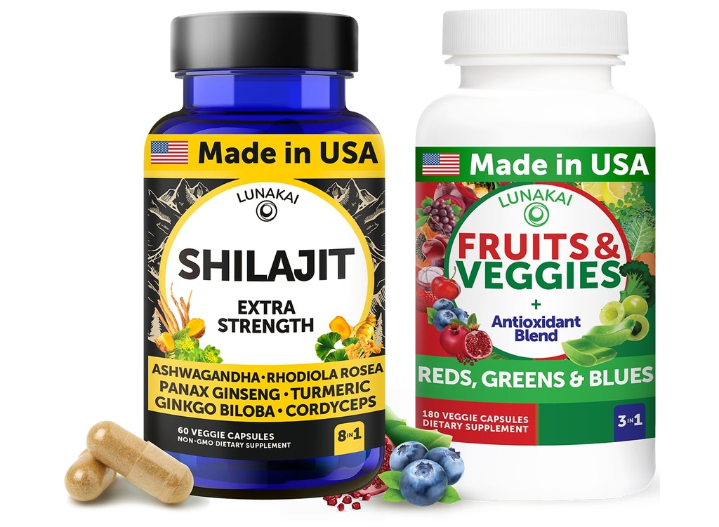 Lunakai Shilajit Capsules & Fruits and Veggies Capsules Bundle, 2 Bottles