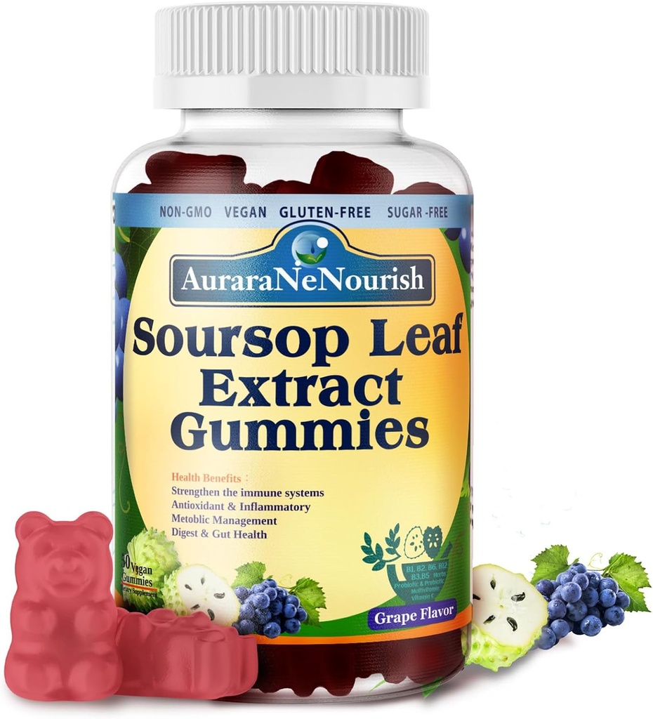 Sugar Free Soursop Gummies with Probiotics & Fiber 100 Billion CFUs, Organic Soursop Leave Extract with Vitamin C B-Complex for Digestive Gut Health, Energy Balance, Immune Boost
