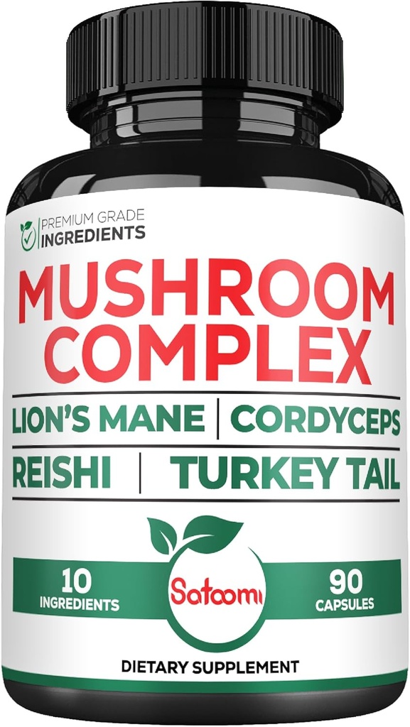Satoomi 10in1 Lions Mane Supplement Complex - Blended with Cordyceps Sinensis, Reishi Paddestoel, Turkije Paddestoel & Andere - 90 Tellen voor 3 maanden