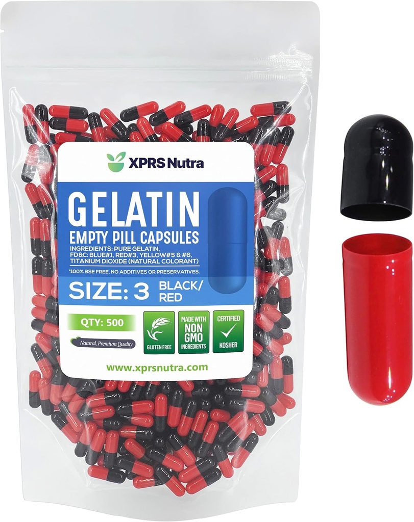 XPRS Nutra Maat 3 Lege capsules - 500 Telle Lege Gelatine Capsules - Pillen DIY Capsule Vulling - Pure Bovine Pill Gel Caps Vulbare Do-It-Yourself Vitaminen en Supplementen (Zwart/Rood)