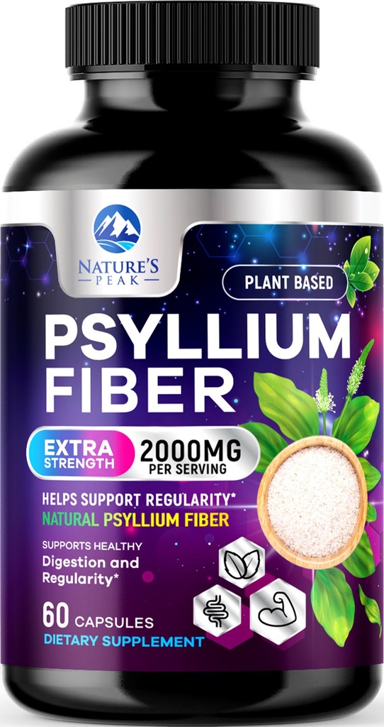 Psyllium Husk Fiber Supplement 1500mg - Vegan Prebiotic, Oplosbare vezel voor dagelijkse Digestieve Gezondheid & Regularity Support, Natuurlijke Psyllium Powder Caps, Sugar-Free, Non-GMO & Gluten-Free - 60 Capsules